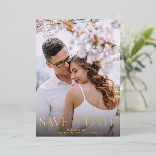 Script V 2写真モダン日付の保存 箔招待状 (立ち正面)