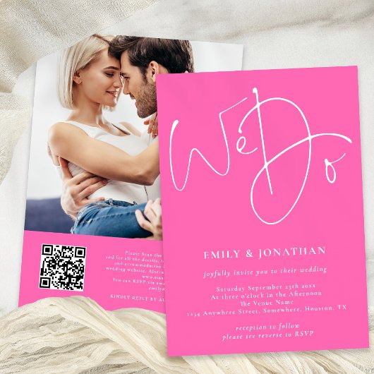 Script We Do Photo QR Code Hot Pink 結婚's 招待状