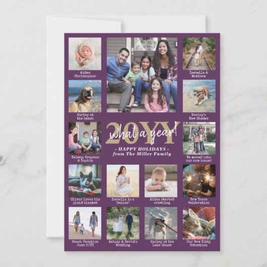 Script What a Year! 15 Photo Collage Purple & Gold シーズンカード (正面)