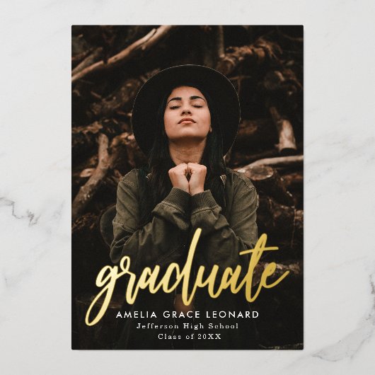 Scripted Gold Foil Photo Graduation Party 箔招待状 (正面)