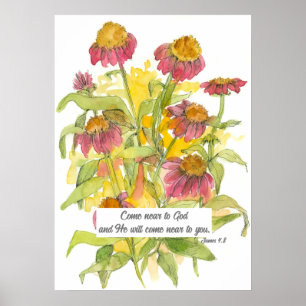 Scripture James 4:8 Bible Verse Religious Flower ポスター