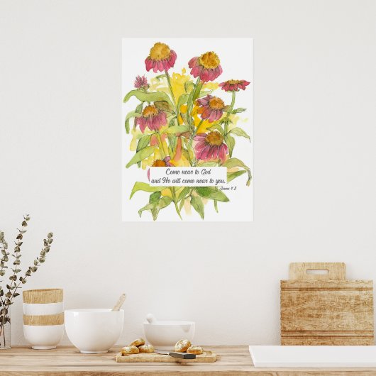 Scripture James 4:8 Bible Verse Religious Flower ポスター (キッチン)