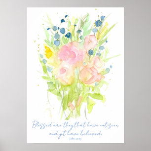 Scripture John 20:29 Bible Verse Flower Bouquet ポスター