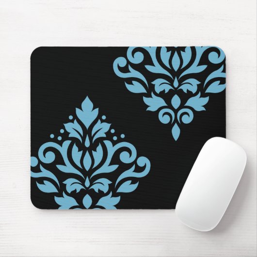 Scroll Damask Art I Blue on Black マウスパッド (マウス)