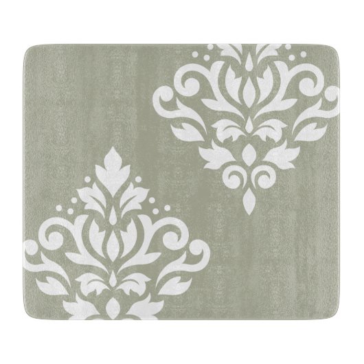 Scroll Damask Art I White on Green カッティングボード (正面)