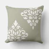 Scroll Damask Art I White on Green クッション (正面)