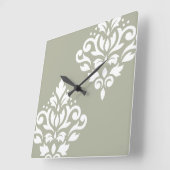 Scroll Damask Art I White on Green スクエア壁時計 (傾斜)