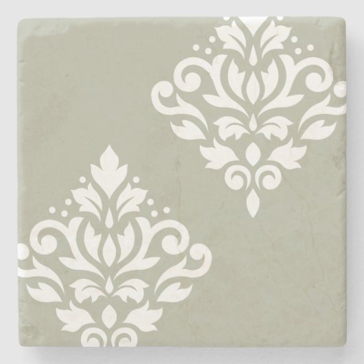 Scroll Damask Art I White on Green ストーンコースター (正面)