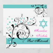 Scroll leaf black, white, aqua & Star of David 招待状 (正面/裏面)