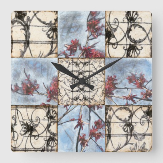 Scrollworkのパネルをはめられた抽象的な絵画 スクエア壁時計 (正面)