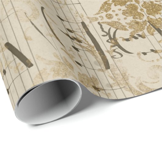 Scrollworkのヴィンテージの金ゴールドの楽譜 ラッピングペーパー (ロールコーナー)