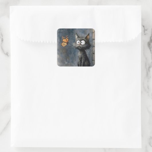 Scruffy Cat Staring at a Monarch Butterfly スクエアシール (バッグ)