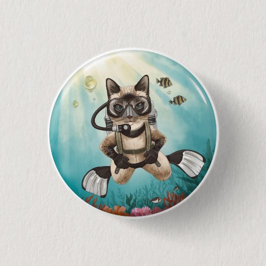 Scuba Cat はダイビング中です 水中へ 缶バッジ (正面)