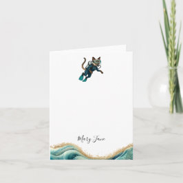 Scuba Cat Diving Blue Wet Suit ノートカード