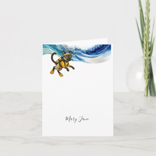 Scuba Cat Diving Blue Wet Suit ノートカード (正面)