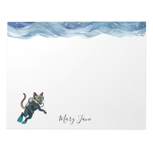 Scuba Cat Diving Blue Wet Suit ノートパッド (正面)