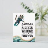 Scuba Cat Diving Blue Wet Suit ポストカード (スタンド正面)