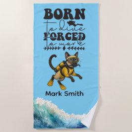 Scuba Cat Diving Blue Wet Suit with your name ビーチタオル