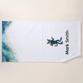 Scuba Cat Diving Blue Wet Suit with your name ビーチタオル (正面)