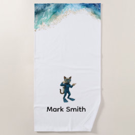 Scuba Cat Diving Blue Wet Suit with your name ビーチタオル