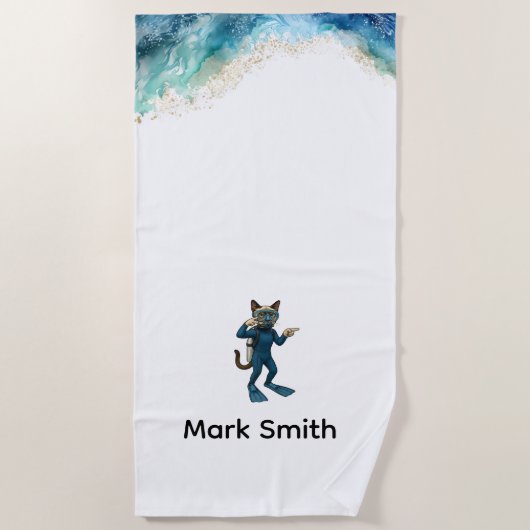 Scuba Cat Diving Blue Wet Suit with your name ビーチタオル (正面)