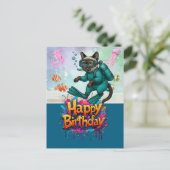 Scuba diver diving cat happy birthday  ポストカード (スタンド正面)