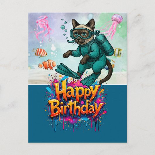 Scuba diver diving cat happy birthday  ポストカード (正面)