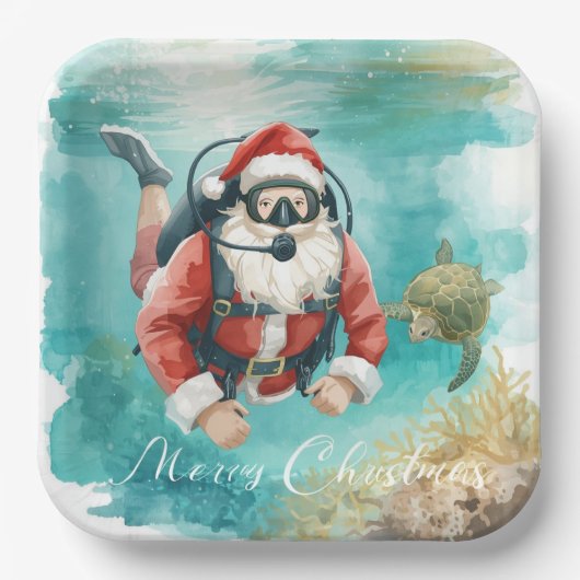 Scuba Santa Underwater Christmas ペーパープレート (正面)