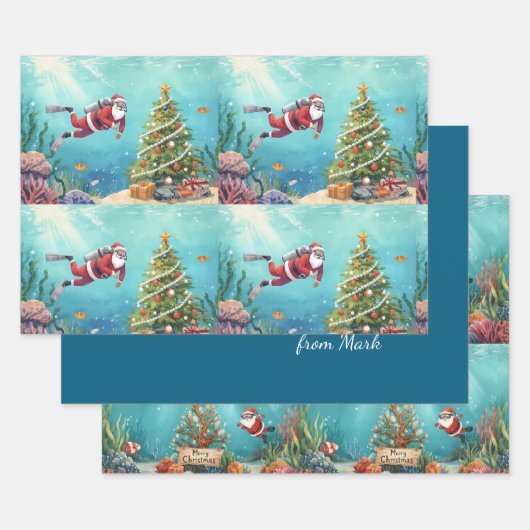 Scuba Santa Underwater Christmas Holiday ラッピングペーパーシート (セット)