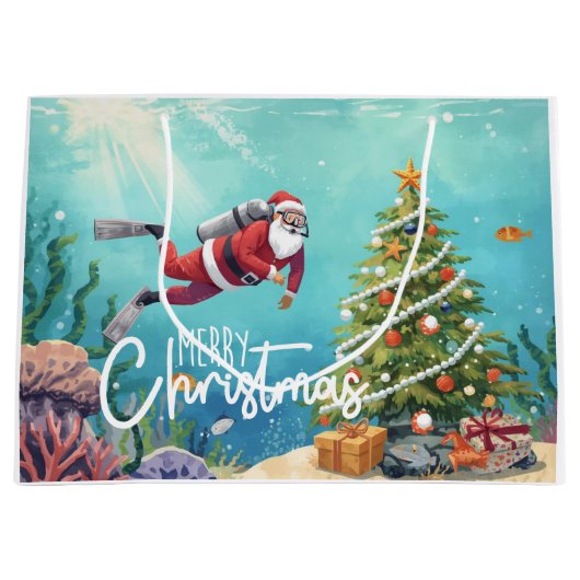 Scuba Santa Underwater Christmas Holiday ラージペーパーバッグ (正面)