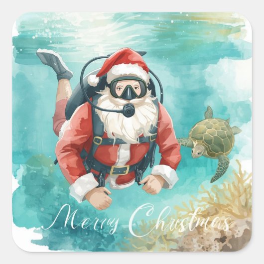 Scuba Santa Underwater Merry Christmas スクエアシール (正面)