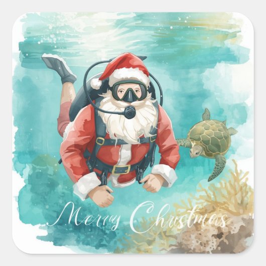 Scuba Santa Underwater Merry Christmas スクエアシール (正面)