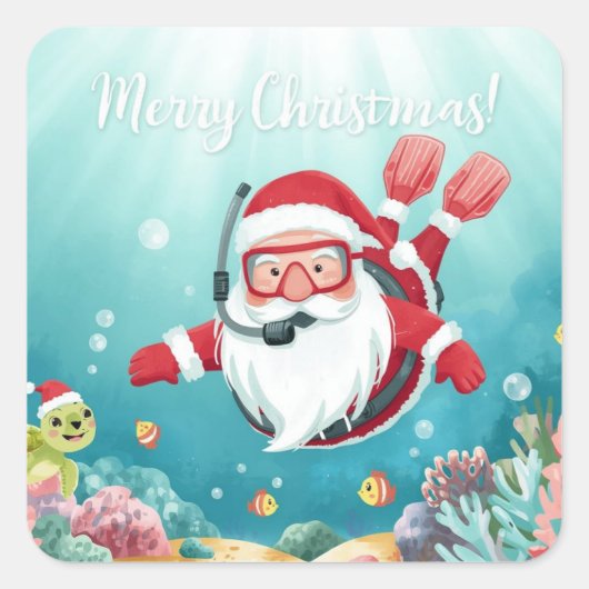 Scuba Santa Underwater Merry Christmas スクエアシール (正面)
