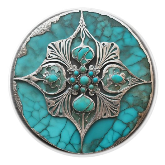 Sculpted Metal & Turquoise Modern セラミックノブ (正面)