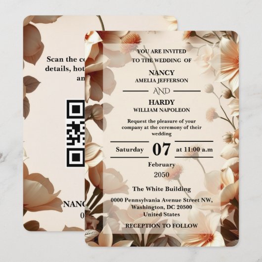 Sculptural Floral Neutral Wedding Invite 招待状 (正面/裏面)