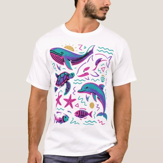 Sea Animal 90sレトロTシャツ | 海自然鯨 Tシャツ (正面)