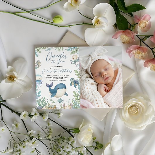 Sea Animals Photo 1st Birthday Invite 招待状