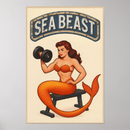 Sea Beast Gym Mermaid | Retro Pin-Up Fitness Art ポスター