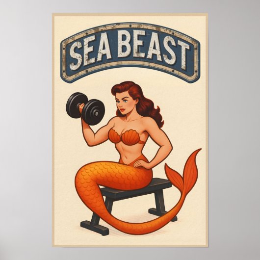 Sea Beast Gym Mermaid | Retro Pin-Up Fitness Art ポスター (正面)