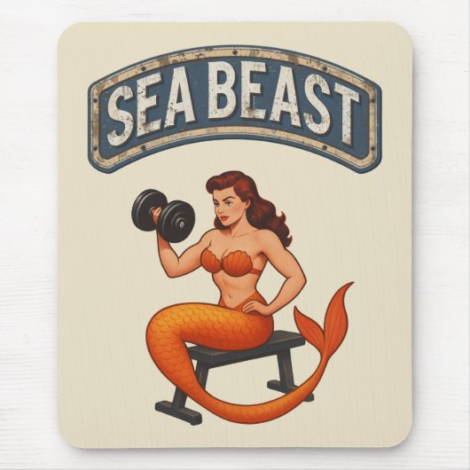 Sea Beast Gym Mermaid Retro Pin-Up Fitness Lover マウスパッド (正面)