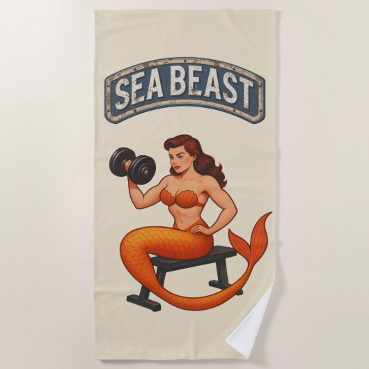 Sea Beast Gym Mermaid | Retro Pin-Up Workout Gear ビーチタオル (正面)