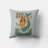 Sea Beast Retro Mermaid | Funny Coastal Beach Blue クッション (裏面)