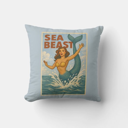 Sea Beast Retro Mermaid | Funny Coastal Beach Blue クッション (正面)