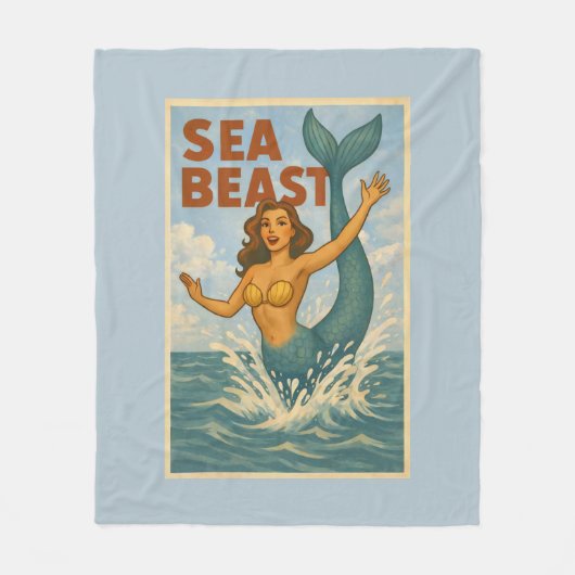 Sea Beast Retro Mermaid | Funny Coastal Beach Blue フリースブランケット (正面)