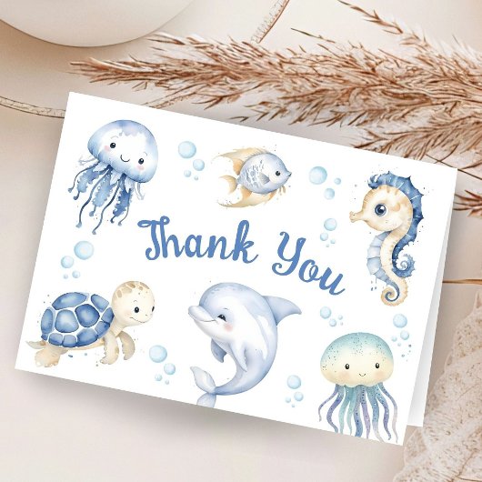 Sea Blue Ocean Boy Baby Shower Folded Thank You サンキューカード