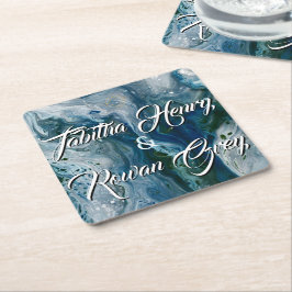 Sea Blues Alcohol Ink Paint Elegant Wedding  スクエアペーパーコースター