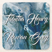 Sea Blues Alcohol Ink Paint Elegant Wedding スクエアペーパーコースター (正面)