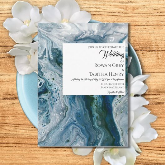Sea Blues Alcohol Ink Paint Elegant Wedding  招待状