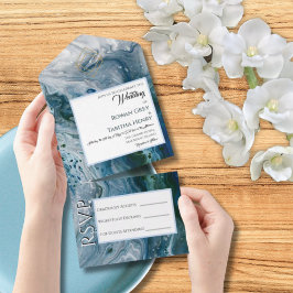 Sea Blues Alcohol Ink Wedding Invitation Elegance オールインワン招待状