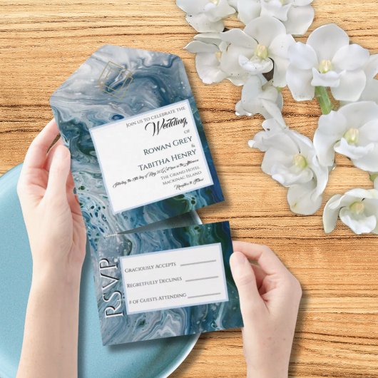 Sea Blues Alcohol Ink Wedding Invitation Elegance オールインワン招待状